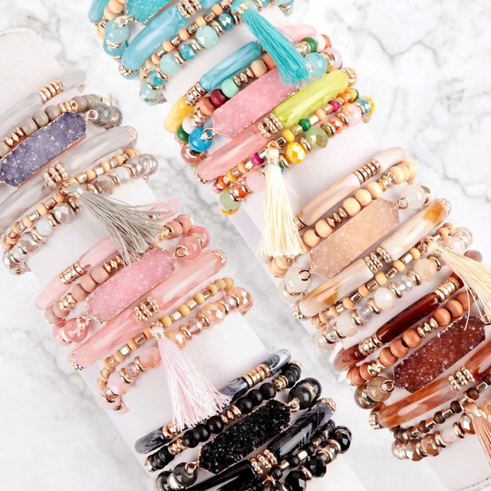 B2G1🌵Boho Turquoise Tube Bead & Gold Tone Stretch Stacking Bracelet NWT - Picture 14 of 15